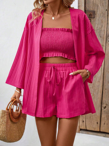 Solid Color Textured Drop Shoulder Blouse & Shorts Set Solid Color Textured Drop Shoulder Blouse & Shorts Set