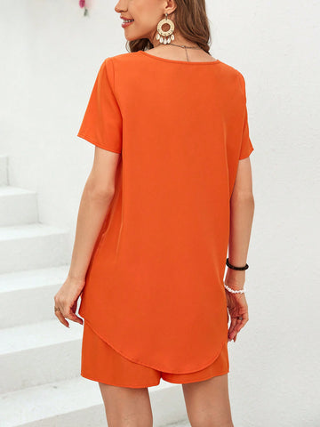 Summer Women'S Ruffle Hem Top And Shorts Set Summer Women'S Ruffle Hem Top And Shorts Set