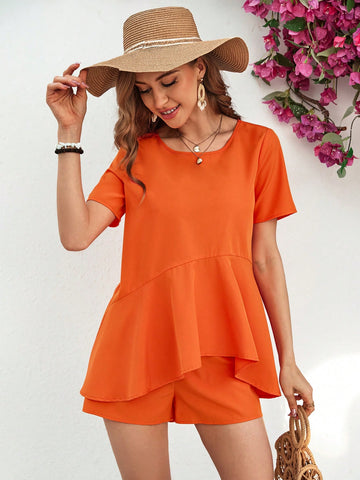 Summer Women'S Ruffle Hem Top And Shorts Set Summer Women'S Ruffle Hem Top And Shorts Set