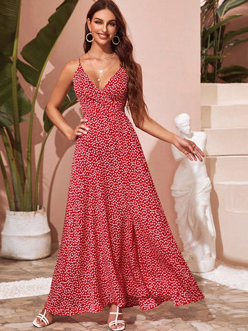 VCAY Surplice Neck Tie Back Ditsy Floral Dress VCAY Surplice Neck Tie Back Ditsy Floral Dress