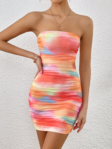 VCAY Tie Dye Ruched Tube Bodycon Dress VCAY Tie Dye Ruched Tube Bodycon Dress