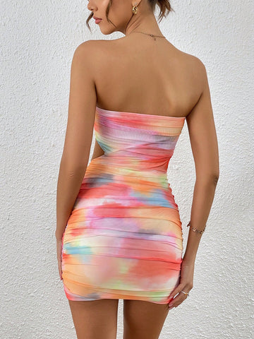 VCAY Tie Dye Ruched Tube Bodycon Dress VCAY Tie Dye Ruched Tube Bodycon Dress