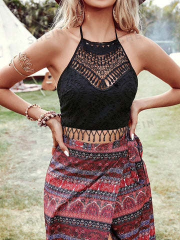 Vacation Ladies' Spliced Fringe Hem Halter Neck Vest And Flower Print Wrapped Knotted Skirt Set, Country Festival Outfits Vacation Ladies' Spliced Fringe Hem Halter Neck Vest And Flower Print Wrapped Knotted Skirt Set, Country Festival Outfits