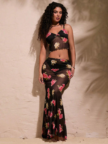 Vacation Style Women's Floral Printed Camisole Top And Skirt Set Vacation Style Women's Floral Printed Camisole Top And Skirt Set