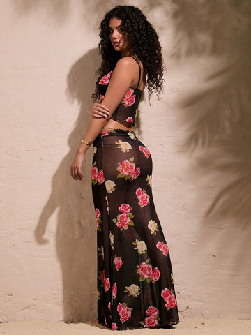 Vacation Style Women's Floral Printed Camisole Top And Skirt Set Vacation Style Women's Floral Printed Camisole Top And Skirt Set