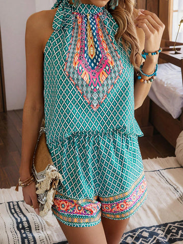 Vacation & Leisure Random Printed Halter Top And Shorts Set Vacation & Leisure Random Printed Halter Top And Shorts Set