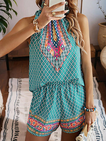 Vacation & Leisure Random Printed Halter Top And Shorts Set Vacation & Leisure Random Printed Halter Top And Shorts Set