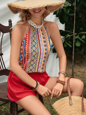 Women'S Printed Sleeveless Top And Solid Color Shorts Set Women'S Printed Sleeveless Top And Solid Color Shorts Set