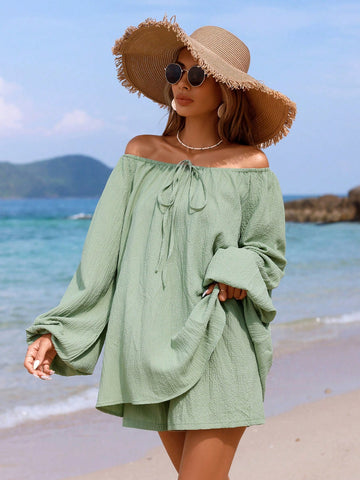 Women'S Vacation Off Shoulder Long Sleeve Top And Shorts Set Women'S Vacation Off Shoulder Long Sleeve Top And Shorts Set