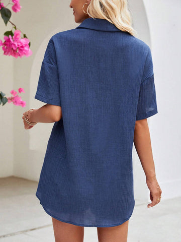 Women Casual Solid Color Short Sleeve Shirt And Drawstring Shorts Set, Suitable For Summer Women Casual Solid Color Short Sleeve Shirt And Drawstring Shorts Set, Suitable For Summer