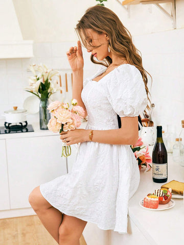 Women Jacquard Woven Fabric Square Neck Short Sleeve Mini Dress Women Jacquard Woven Fabric Square Neck Short Sleeve Mini Dress