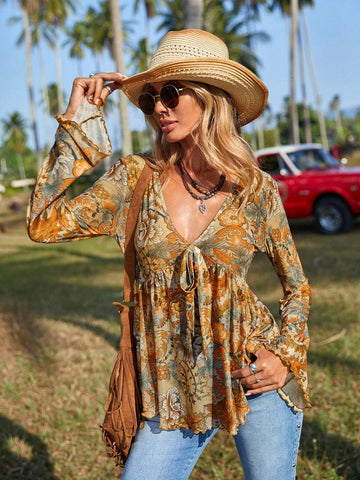 VCAY Women's Casual Floral Print V-Neck Bell Sleeve Blouse, Vacation Wear, Autumn VCAY Women's Casual Floral Print V-Neck Bell Sleeve Blouse, Vacation Wear, Autumn