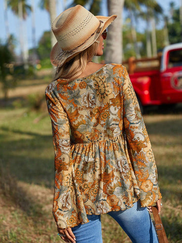 VCAY Women's Casual Floral Print V-Neck Bell Sleeve Blouse, Vacation Wear, Autumn VCAY Women's Casual Floral Print V-Neck Bell Sleeve Blouse, Vacation Wear, Autumn