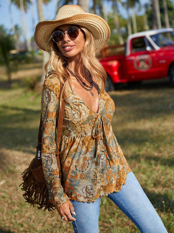 VCAY Women's Casual Floral Print V-Neck Bell Sleeve Blouse, Vacation Wear, Autumn VCAY Women's Casual Floral Print V-Neck Bell Sleeve Blouse, Vacation Wear, Autumn