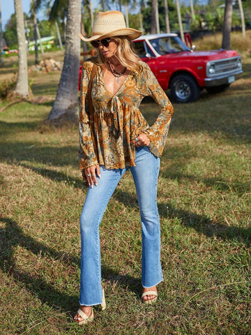 VCAY Women's Casual Floral Print V-Neck Bell Sleeve Blouse, Vacation Wear, Autumn VCAY Women's Casual Floral Print V-Neck Bell Sleeve Blouse, Vacation Wear, Autumn