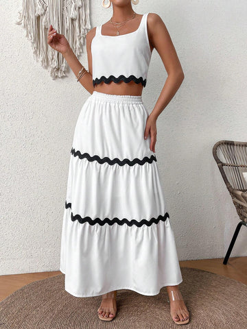 Women's Color Block Cropped Tank Top And High Waist Skirt Set Women's Color Block Cropped Tank Top And High Waist Skirt Set