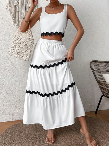 Women's Color Block Cropped Tank Top And High Waist Skirt Set Women's Color Block Cropped Tank Top And High Waist Skirt Set