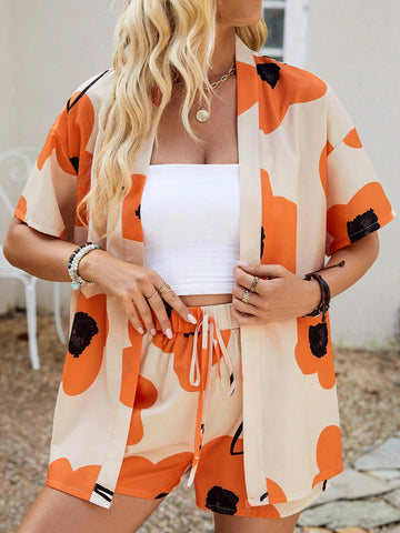 Women's Floral Print Short Sleeve Shirt And Shorts Set (Random Pattern), Summer Women's Floral Print Short Sleeve Shirt And Shorts Set (Random Pattern), Summer