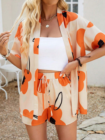 Women's Floral Print Short Sleeve Shirt And Shorts Set (Random Pattern), Summer Women's Floral Print Short Sleeve Shirt And Shorts Set (Random Pattern), Summer