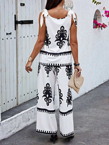 Women's Flower Print Shoulder Tie Sleeveless Top And Pants Set Women's Flower Print Shoulder Tie Sleeveless Top And Pants Set