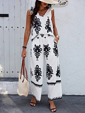 Women's Flower Print Shoulder Tie Sleeveless Top And Pants Set Women's Flower Print Shoulder Tie Sleeveless Top And Pants Set