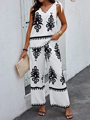 Women's Flower Print Shoulder Tie Sleeveless Top And Pants Set Women's Flower Print Shoulder Tie Sleeveless Top And Pants Set
