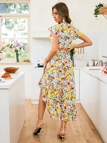 Women's Holiday Floral Print Cap Sleeve Top And Ruffle Hem Mini Skirt Set,Two Piece Set Women,Valentines Day,Vacation Outfits Woman Women's Holiday Floral Print Cap Sleeve Top And Ruffle Hem Mini Skirt Set,Two Piece Set Women,Valentines Day,Vacation Outfits Woman