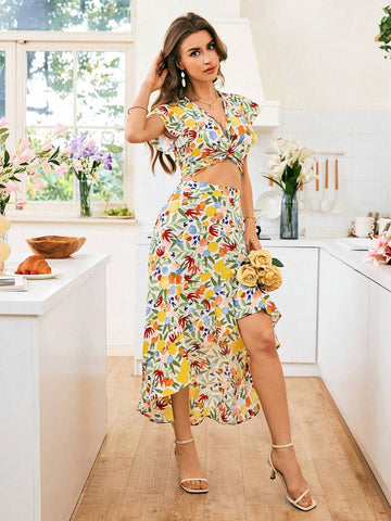 Women's Holiday Floral Print Cap Sleeve Top And Ruffle Hem Mini Skirt Set,Two Piece Set Women,Valentines Day,Vacation Outfits Woman Women's Holiday Floral Print Cap Sleeve Top And Ruffle Hem Mini Skirt Set,Two Piece Set Women,Valentines Day,Vacation Outfits Woman