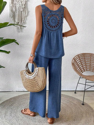 Women's Lace Patchwork Vest And Wide Leg Pants Set, Perfect For Summer Vacation Women's Lace Patchwork Vest And Wide Leg Pants Set, Perfect For Summer Vacation