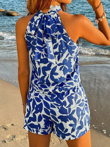 Women's Plant Print Halter Top And Shorts Set Women's Plant Print Halter Top And Shorts Set