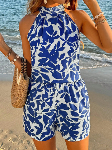 Women's Plant Print Halter Top And Shorts Set Women's Plant Print Halter Top And Shorts Set