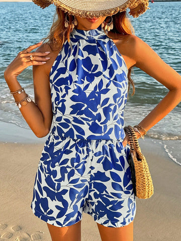 Women's Plant Print Halter Top And Shorts Set Women's Plant Print Halter Top And Shorts Set