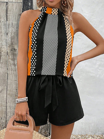 Women's Polka Dot Print Halter Neck Tank Top And Shorts Set Women's Polka Dot Print Halter Neck Tank Top And Shorts Set