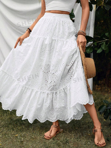 VCAY Women's Ruffle Design Hollow White Skirt VCAY Women's Ruffle Design Hollow White Skirt