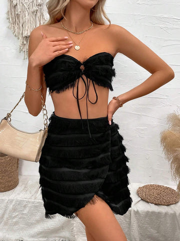 Women's Solid Color Strapless Crop Top And High Waist Skirt Set Women's Solid Color Strapless Crop Top And High Waist Skirt Set