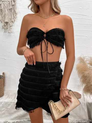 Women's Solid Color Strapless Crop Top And High Waist Skirt Set Women's Solid Color Strapless Crop Top And High Waist Skirt Set