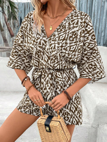 Women's Geometric Printed Overlapped V-Neck Batwing Sleeve Casual Jumpsuit For Vacation Women's Geometric Printed Overlapped V-Neck Batwing Sleeve Casual Jumpsuit For Vacation