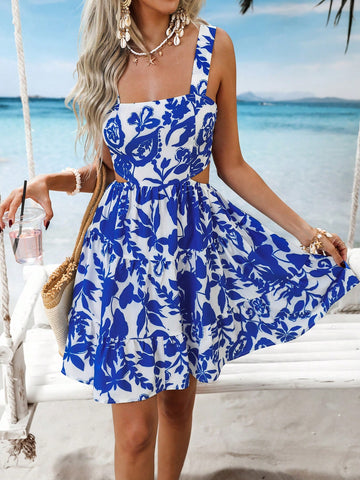 Woven Printed Open-Back Tie-Up Strap Women's Short Jumper Dress Woven Printed Open-Back Tie-Up Strap Women's Short Jumper Dress