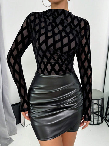 Sexy Sheer Geometric Mesh Ruched Black Bodysuit Sexy Sheer Geometric Mesh Ruched Black Bodysuit
