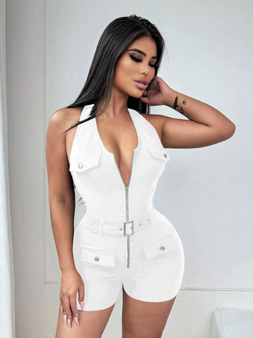 1pc Women's Solid Color Applique Bodysuit With Spaghetti Straps, Sleeveless 1pc Women's Solid Color Applique Bodysuit With Spaghetti Straps, Sleeveless