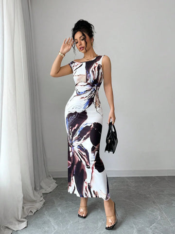 Oblique Shoulder Waist Cinched Fitted Floral Print Design Dress Oblique Shoulder Waist Cinched Fitted Floral Print Design Dress