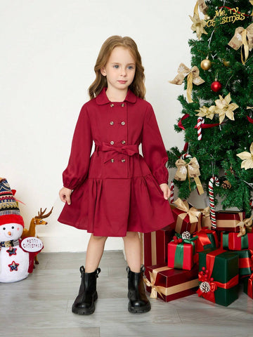 Vintage & Elegant Young Girls' Dress With Double Breasted Belted Shirt Design, Fall And Winter Clothes,Vacation Style,Casual Preppy Style Vintage & Elegant Young Girls' Dress With Double Breasted Belted Shirt Design, Fall And Winter Clothes,Vacation Style,Casual Preppy Style