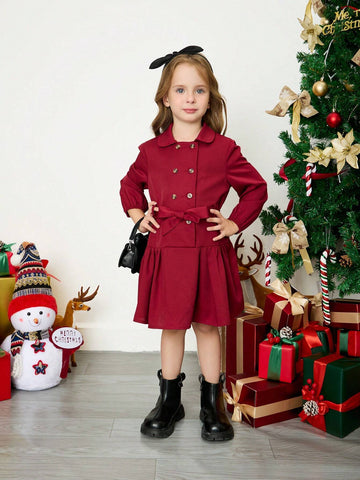 Vintage & Elegant Young Girls' Dress With Double Breasted Belted Shirt Design, Fall And Winter Clothes,Vacation Style,Casual Preppy Style Vintage & Elegant Young Girls' Dress With Double Breasted Belted Shirt Design, Fall And Winter Clothes,Vacation Style,Casual Preppy Style