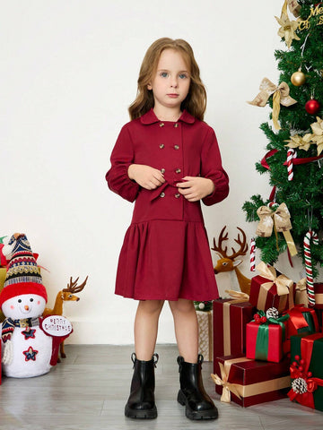 Vintage & Elegant Young Girls' Dress With Double Breasted Belted Shirt Design, Fall And Winter Clothes,Vacation Style,Casual Preppy Style Vintage & Elegant Young Girls' Dress With Double Breasted Belted Shirt Design, Fall And Winter Clothes,Vacation Style,Casual Preppy Style