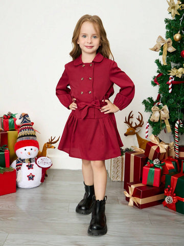 Vintage & Elegant Young Girls' Dress With Double Breasted Belted Shirt Design, Fall And Winter Clothes,Vacation Style,Casual Preppy Style Vintage & Elegant Young Girls' Dress With Double Breasted Belted Shirt Design, Fall And Winter Clothes,Vacation Style,Casual Preppy Style