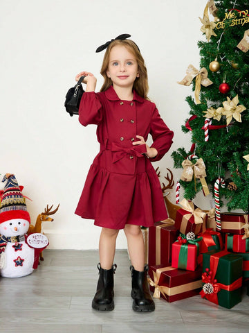 Vintage & Elegant Young Girls' Dress With Double Breasted Belted Shirt Design, Fall And Winter Clothes,Vacation Style,Casual Preppy Style Vintage & Elegant Young Girls' Dress With Double Breasted Belted Shirt Design, Fall And Winter Clothes,Vacation Style,Casual Preppy Style