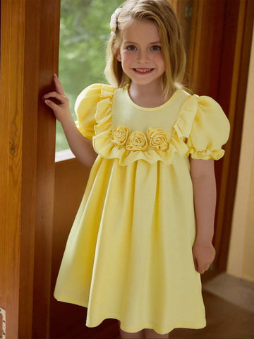 Young Girl Round Neck Solid Color Simple Style Casual Dress Young Girl Round Neck Solid Color Simple Style Casual Dress