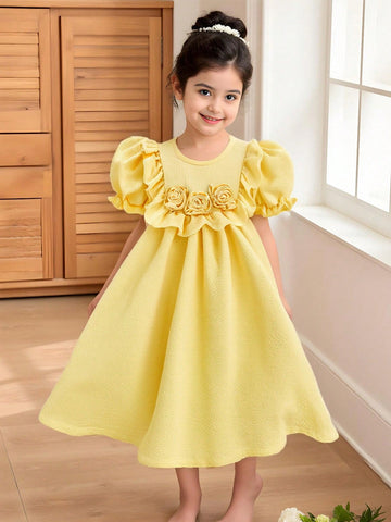 Young Girl Round Neck Solid Color Simple Style Casual Dress Young Girl Round Neck Solid Color Simple Style Casual Dress
