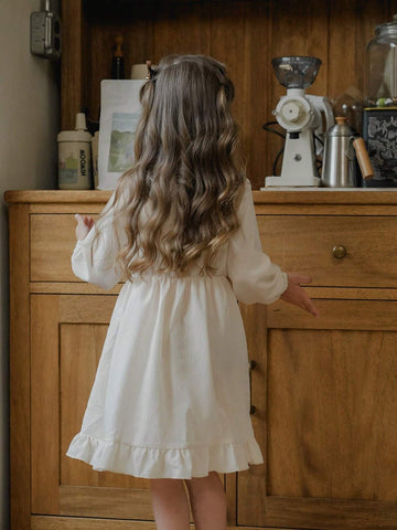 Vintaside Kids Young Girls Ivory Rib Knit Casual Dress, Comfy Countryside Style, Suitable For Spring, Autumn And Winter, All-Match & Versatile Vintaside Kids Young Girls Ivory Rib Knit Casual Dress, Comfy Countryside Style, Suitable For Spring, Autumn And Winter, All-Match & Versatile