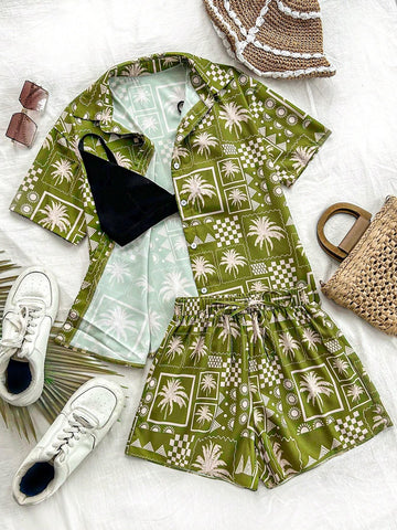2pcs Beach Vacation Fun Print Shirt And Shorts Set, Leisure 2pcs Beach Vacation Fun Print Shirt And Shorts Set, Leisure